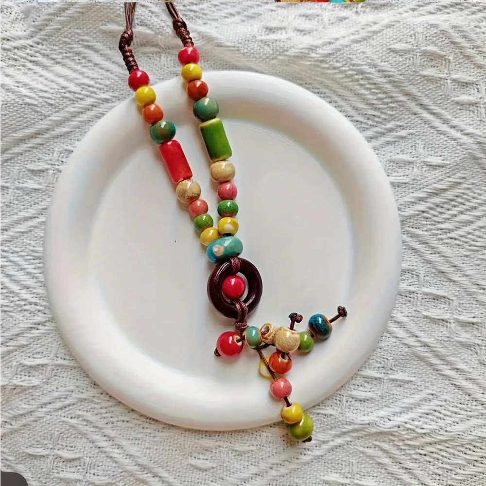 Boho-Chic Colorful Ceramic Necklace‎ Handcrafted High-Temperature Kiln Beads